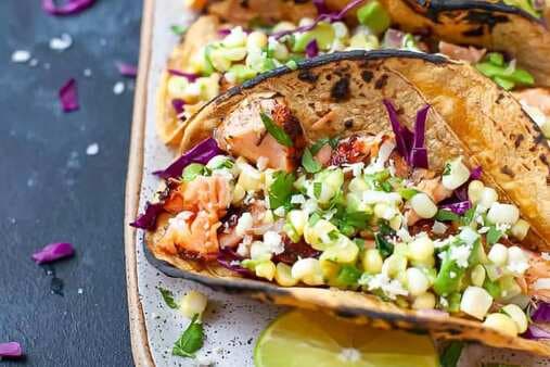 Wild Salmon Tacos with Roasted Corn and Chile Adobo Cream