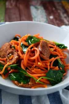 Sweet Potato Noodles With Linguica & Spinach