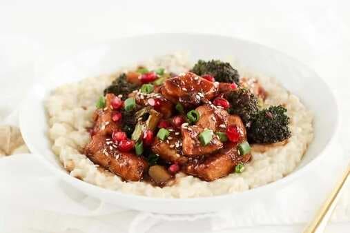 Sticky Pomegranate Ginger Chicken And Broccoli With Coconut Brown Rice