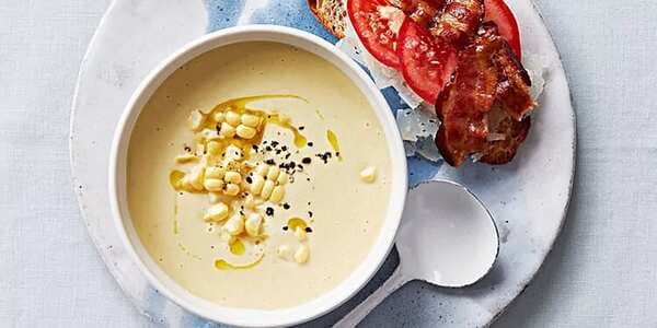 Corn Soup With Tomato-Bacon Toasts