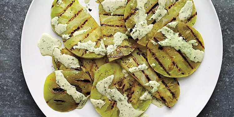 Grilled Green Tomatoes With Creamy Basil Sauce