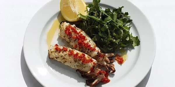 Grilled Squid With Fresh Red Chile And Arugula