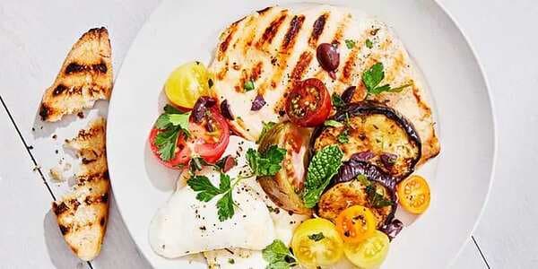 Grilled Chicken and Eggplant with Mozzarella and Tomatoes
