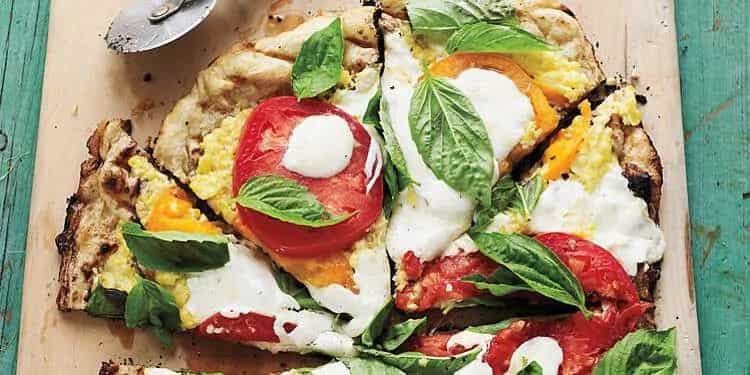 Grilled Pizza with Cheesy Corn Fresh Tomatoes and Basil