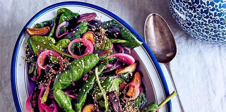 Warm Spinach Salad with Shiitake Mushrooms and Red Onion