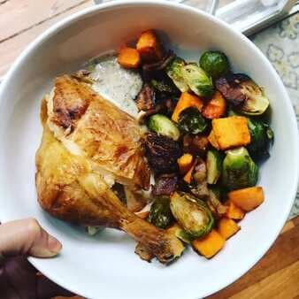 Maple Cayenne Roasted Sweet Potatoes & Brussels with Bacon