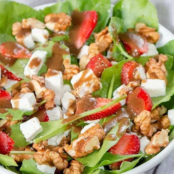 Balsamic Spinach Strawberry Feta Salad With Walnuts
