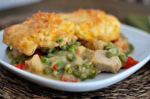 Confetti Chicken Bake with Cheddar Biscuit Topping