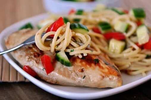 Grilled Asian Chicken with Peanut Noodles and Cucumber Sambal