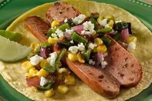 Jalapeno Dogs With Roasted Corn & Poblano Topping