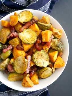 Maple Roasted Brussel Sprouts With Bacon And Sweet Potatoes