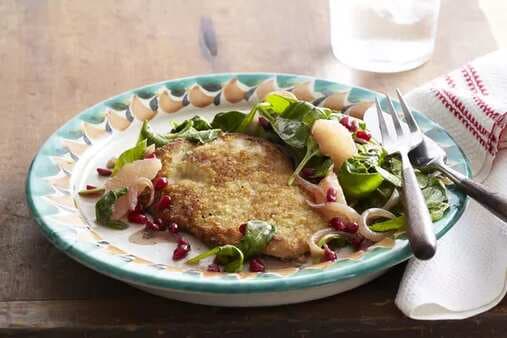 Pork Milanesa With Warm Spinach, Grapefruit & Pomegranate Salad