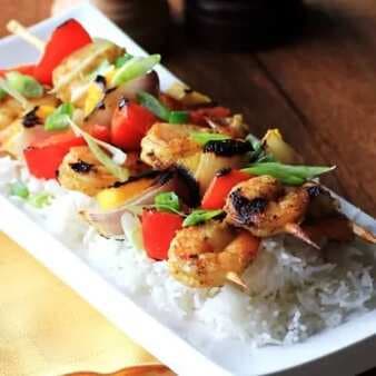 Curry Shrimp Mango Red Pepper And Onion Kabobs