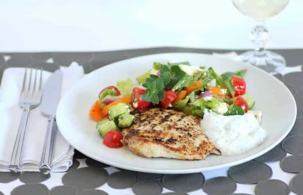 Grilled Lemon Pepper Chicken With A Yogurt Dill Sauce And A Greek Salad 