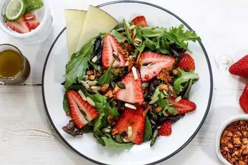 Strawberry Salad With Coconut Bacon & Black Pepper Vinaigrette