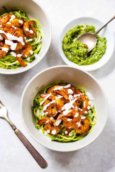15 Minute Spicy Shrimp With Pesto Noodles