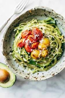 Burst Tomato And Zucchini Spaghetti With Avocado Sauce