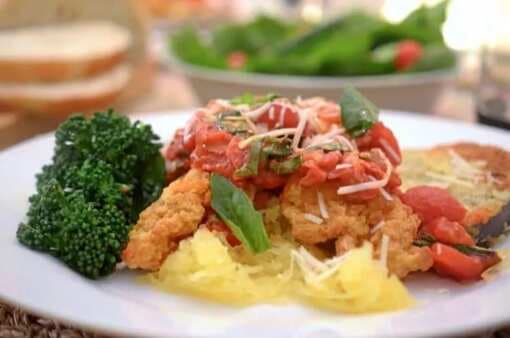 Crispy Chicken Strips with Prosciutto & Basil Marinara Over Spaghetti Squash