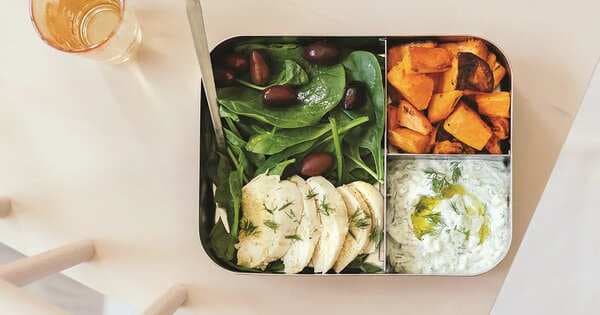 Lemon-Roasted Potatoes, Chicken And Spinach With Tzatziki
