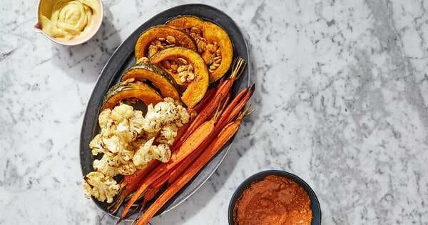 Roasted Winter Vegetable Platter With Miso Aioli And Romesco Sauce