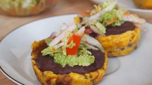 Green Plantain Canapés With Fried Beans And Coleslaw