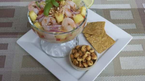 Shrimp And Fish Ceviche With Pineapple, Basil And Coconut