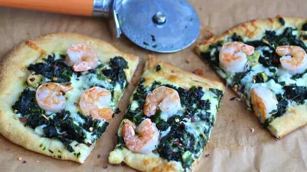 Spinach, Garlic And Shrimp Pizza