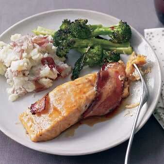 Bacon-Wrapped Salmon With Broccoli And Mashed Potatoes