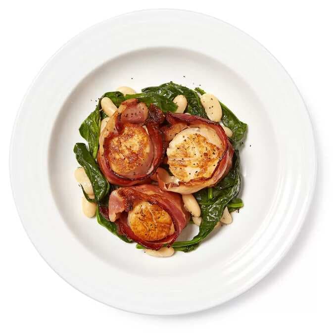 Bacon-Wrapped Scallops With Spinach & Beans