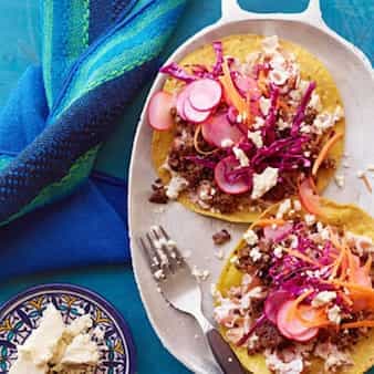 Beef Tostadas With Beans & Pickled Veggies