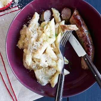 Braised Sausages With Macaroni Cheese Sauce & Fennel
