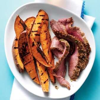 Grilled Flank Steak With Chimichurri And Sweet Potato Wedges