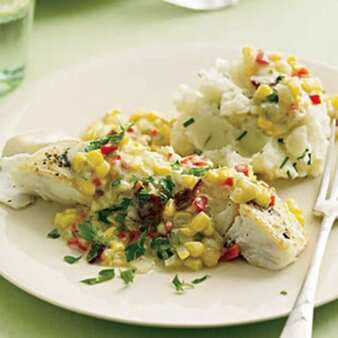 Halibut With Corn Gravy And Chive Mashed Potatoes