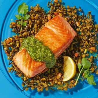 Pan-Seared Salmon With Miso Watercress Pesto & Lentil-Black Rice Salad