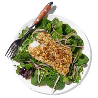 Pistachio-Crusted Cod With Mixed Greens & Quick-Pickled Shallots