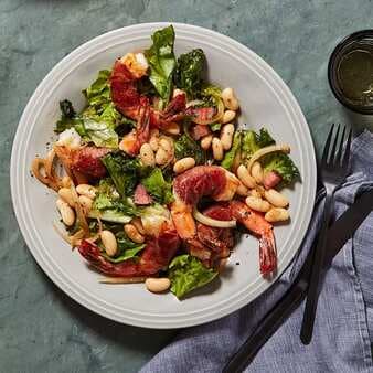 Shrimp With Sage & Prosciutto Warm Escarole Salad And White Beans