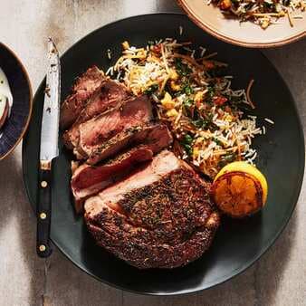 Rib Eye Steaks With Gorgonzola Sauce & Kale-Walnut Vermicelli Rice