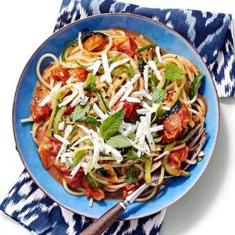 Spaghetti With Zucchini-Cherry Tomato Sauce & Ricotta Salata