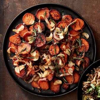 Twice-Cooked Sweet Potatoes With Fried Rosemary & Garlic Chips