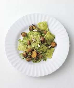 Cheese Ravioli With Kale Pesto And Roasted Carrots