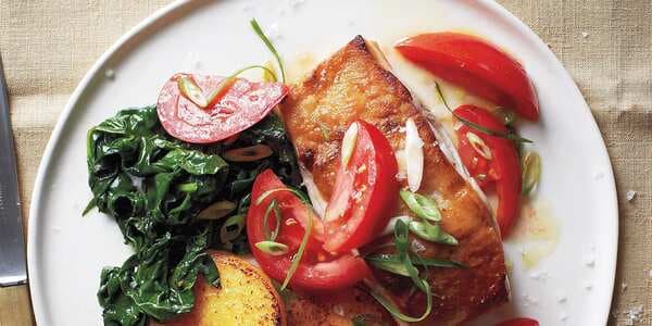 Cod With Marinated Tomatoes, Polenta, And Spinach