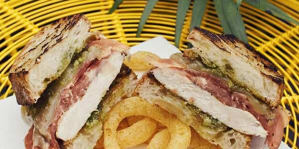 Grilled Chicken And Prosciutto On Ciabatta With Pesto And Fontina