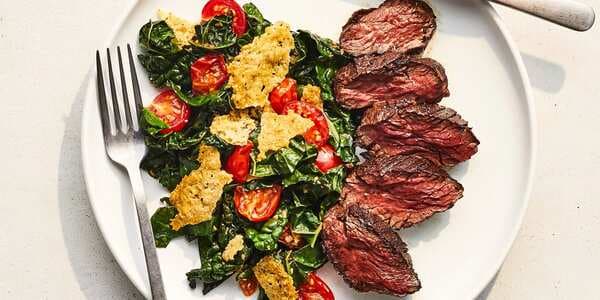 Hanger Steak With Warm Kale And Crispy Cheese Salad