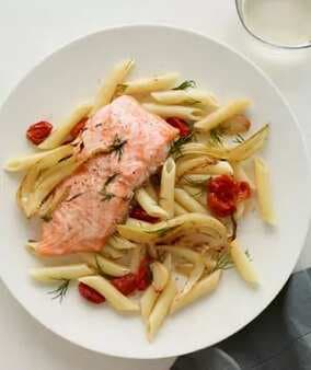 Roast Salmon With Vegetables, Penne, And Dill
