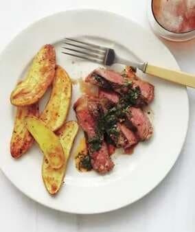 T-Bone Steak With Cilantro Chili Sauce And Fingerling Fries