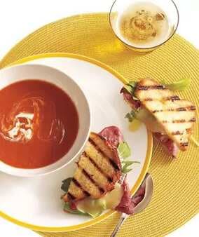 Tomato Soup With Roast Beef, Cheddar, And Horseradish Panini