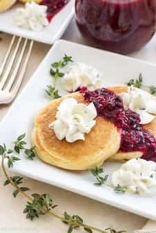 Mini Cornmeal Pancakes with Whipped Goat Cheese and Berry Thyme Compote