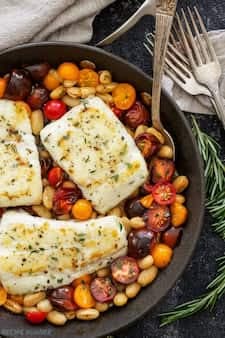 Pan Seared Halibut with Rosemary Tomatoes and White Beans