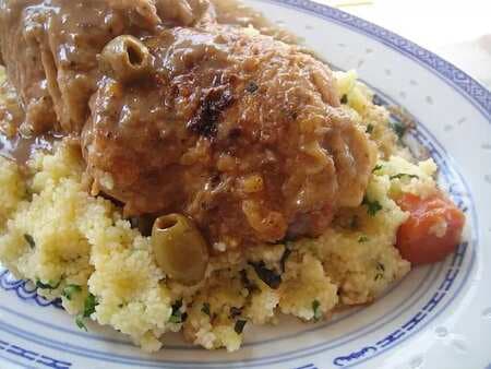 Braised Chicken With Apricots, Green Olives, And Herbed Couscous