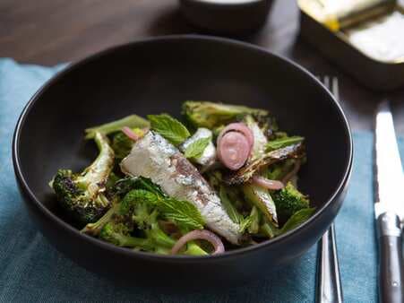 Charred Broccoli Salad With Sardines, Pickled Shallot, And Mint